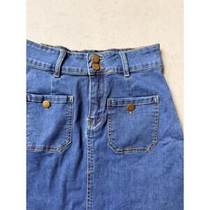 Belle Pogue Women's Denim Midi Skirt with Front Pockets